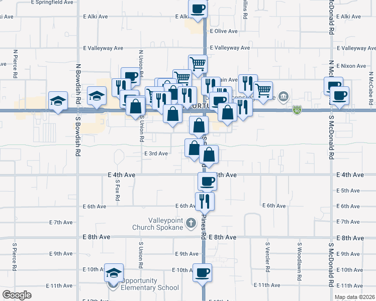 map of restaurants, bars, coffee shops, grocery stores, and more near 211 South Whipple Road in Spokane Valley