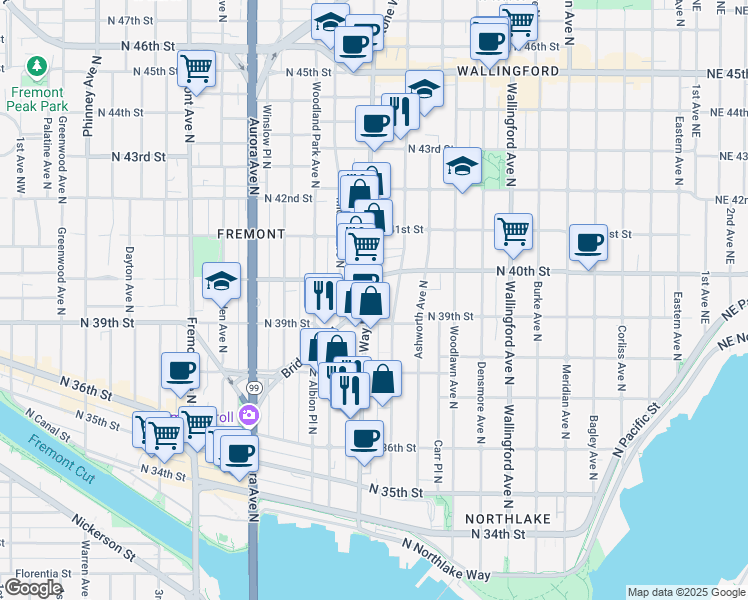 map of restaurants, bars, coffee shops, grocery stores, and more near 3925 Interlake Avenue North in Seattle