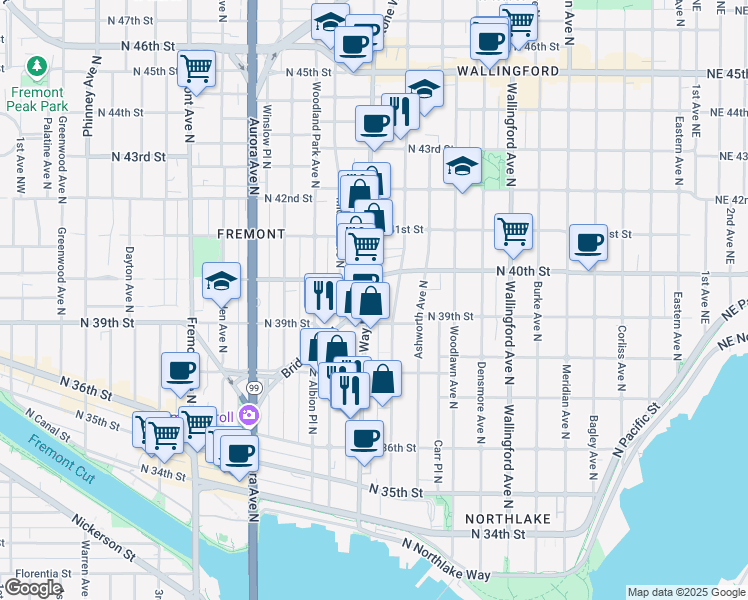 map of restaurants, bars, coffee shops, grocery stores, and more near 3920 Stone Way North in Seattle