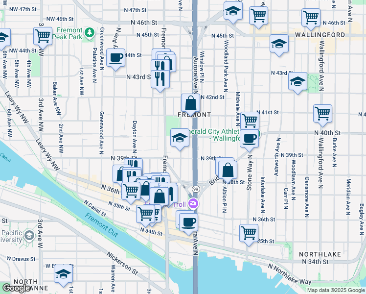 map of restaurants, bars, coffee shops, grocery stores, and more near 3920 Linden Avenue North in Seattle