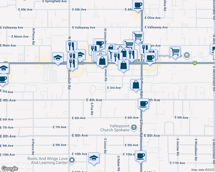 map of restaurants, bars, coffee shops, grocery stores, and more near 211 South Union Road in Spokane Valley