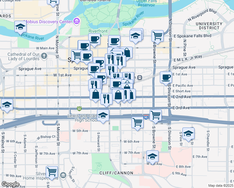 map of restaurants, bars, coffee shops, grocery stores, and more near 410 West 2nd Avenue in Spokane