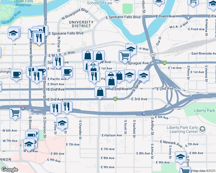 map of restaurants, bars, coffee shops, grocery stores, and more near 603 East 2nd Avenue in Spokane
