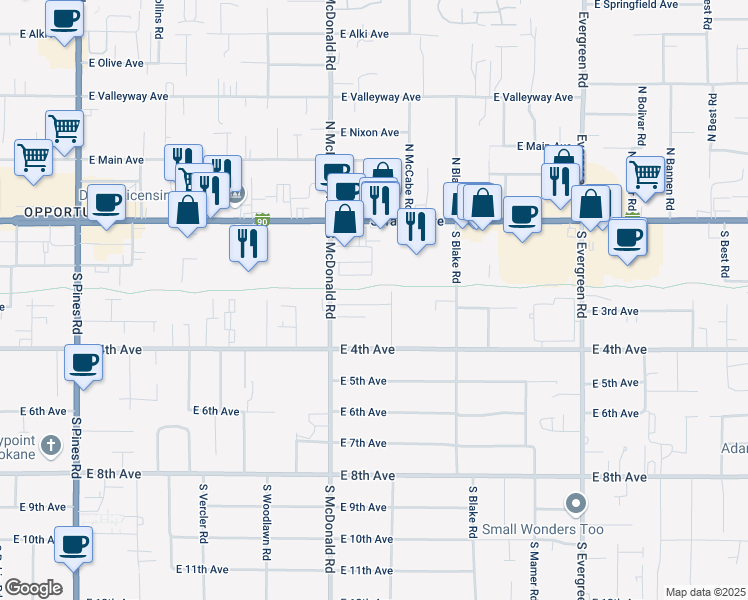 map of restaurants, bars, coffee shops, grocery stores, and more near 13125 East 3rd Avenue in Spokane Valley