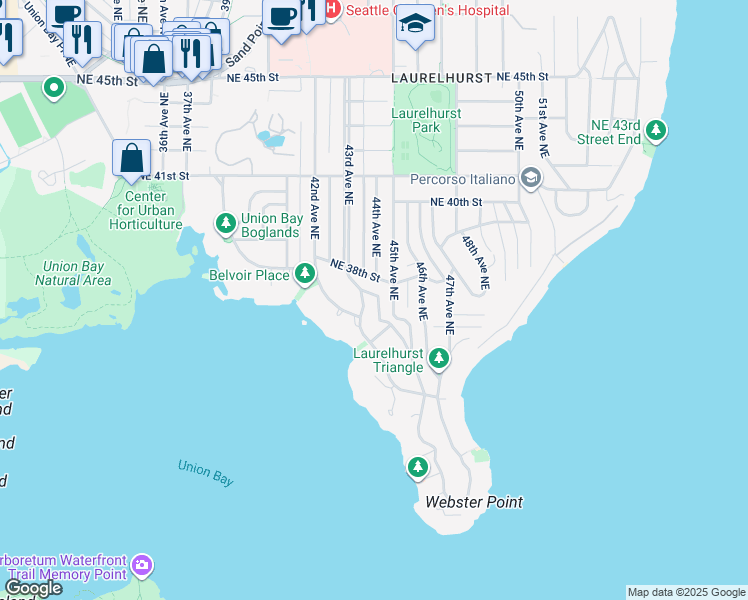 map of restaurants, bars, coffee shops, grocery stores, and more near 3545 West Laurelhurst Drive Northeast in Seattle