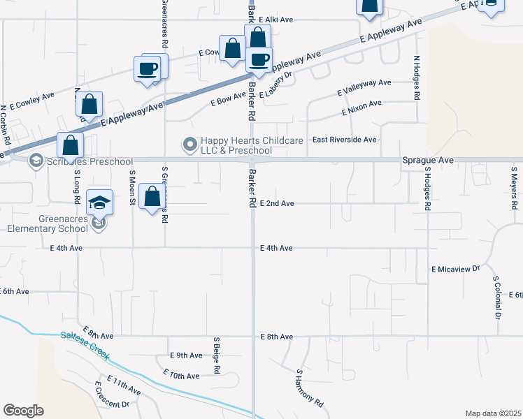 map of restaurants, bars, coffee shops, grocery stores, and more near 211 South Barker Road in Spokane Valley