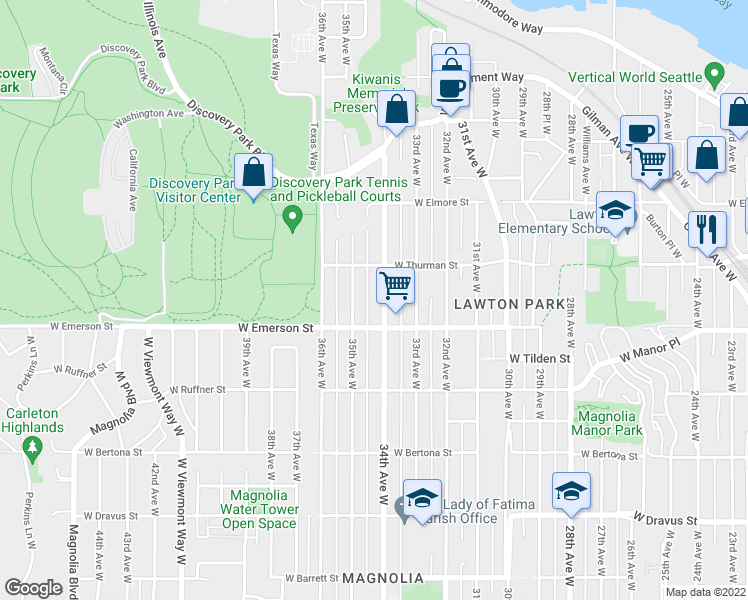 map of restaurants, bars, coffee shops, grocery stores, and more near 3825 34th Avenue West in Seattle