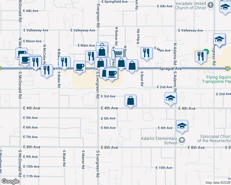 map of restaurants, bars, coffee shops, grocery stores, and more near 14109 East 3rd Avenue in Spokane Valley