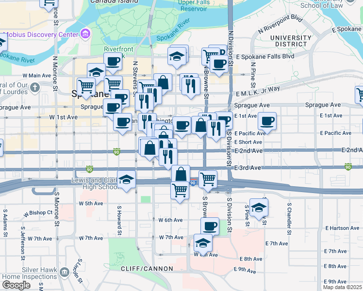 map of restaurants, bars, coffee shops, grocery stores, and more near 202 West 2nd Avenue in Spokane