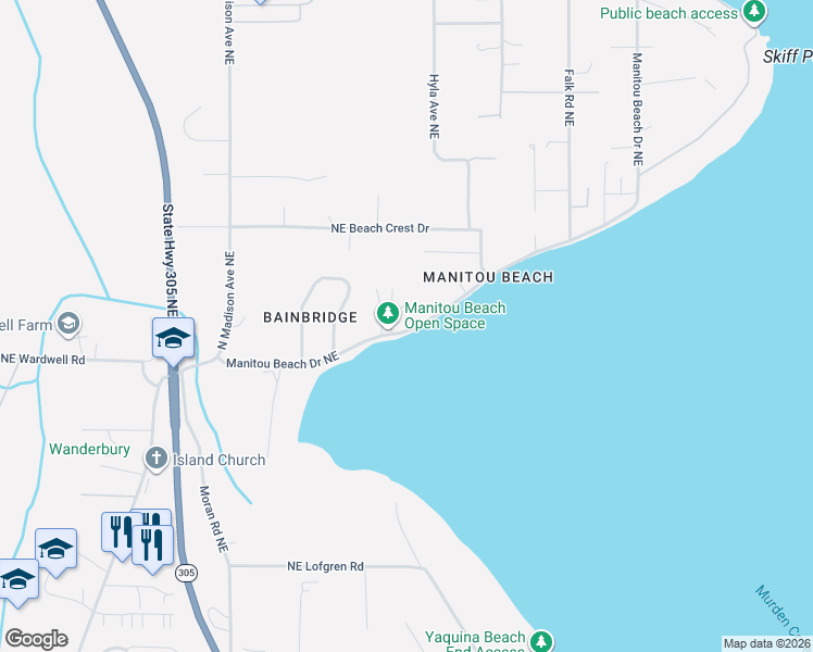 map of restaurants, bars, coffee shops, grocery stores, and more near 9973 Manitou Beach Drive Northeast in Bainbridge Island