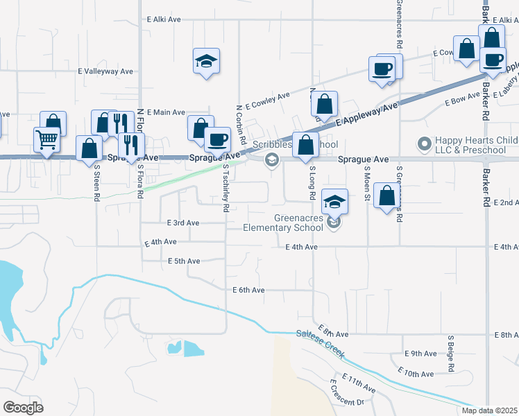 map of restaurants, bars, coffee shops, grocery stores, and more near 17615 East 2nd Lane in Spokane Valley