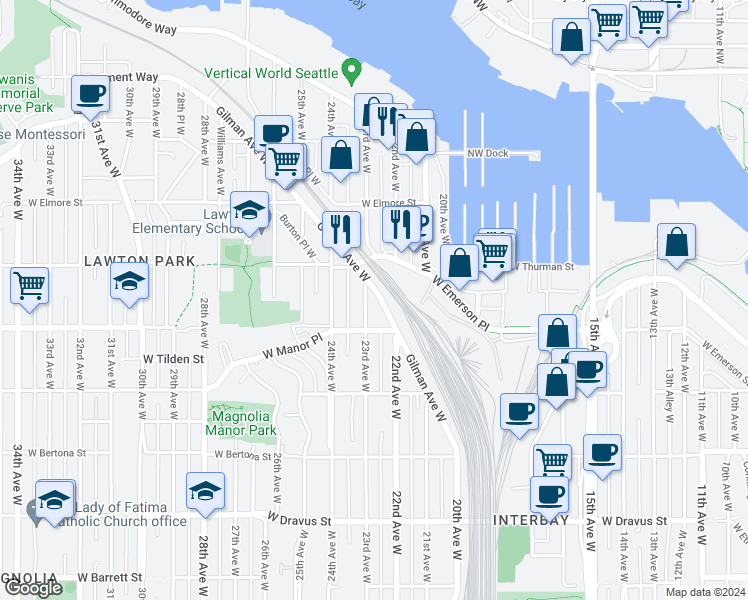 map of restaurants, bars, coffee shops, grocery stores, and more near 3841 Gilman Avenue West in Seattle