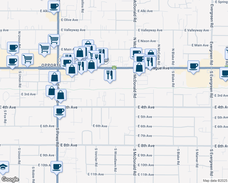 map of restaurants, bars, coffee shops, grocery stores, and more near 12815 East 4th Avenue in Spokane Valley