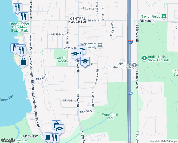 map of restaurants, bars, coffee shops, grocery stores, and more near 10903 Northeast 53rd Street in Kirkland
