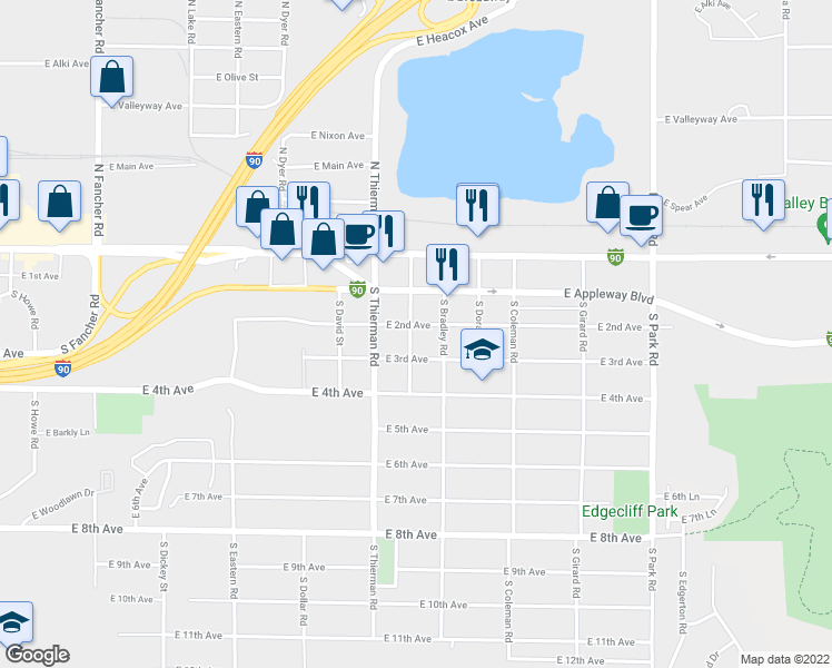 map of restaurants, bars, coffee shops, grocery stores, and more near 205 South Elizabeth Road in Spokane Valley