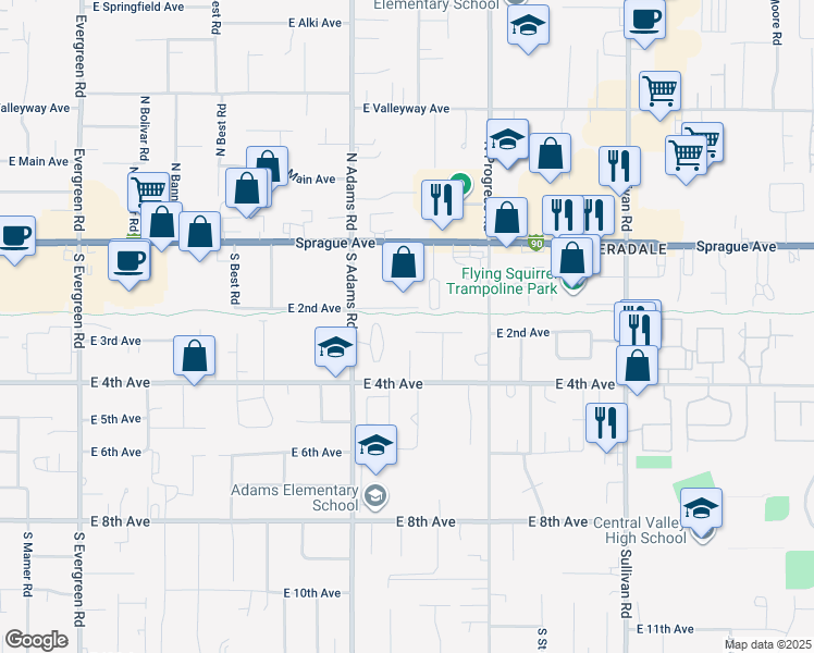 map of restaurants, bars, coffee shops, grocery stores, and more near 14809 East 2nd Avenue in Spokane Valley