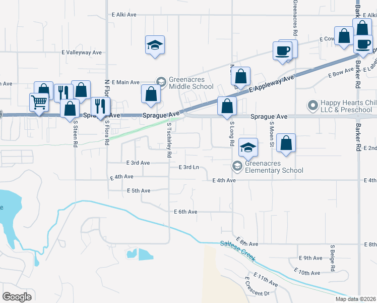 map of restaurants, bars, coffee shops, grocery stores, and more near 17603 East 2nd Lane in Spokane Valley