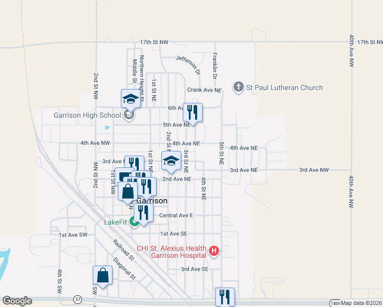 map of restaurants, bars, coffee shops, grocery stores, and more near 400 4th Ave NE in Garrison