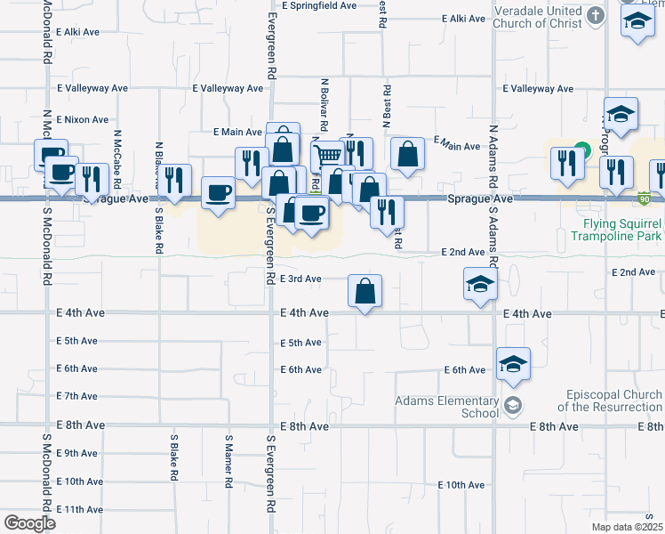 map of restaurants, bars, coffee shops, grocery stores, and more near 14121 East 3rd in Spokane Valley