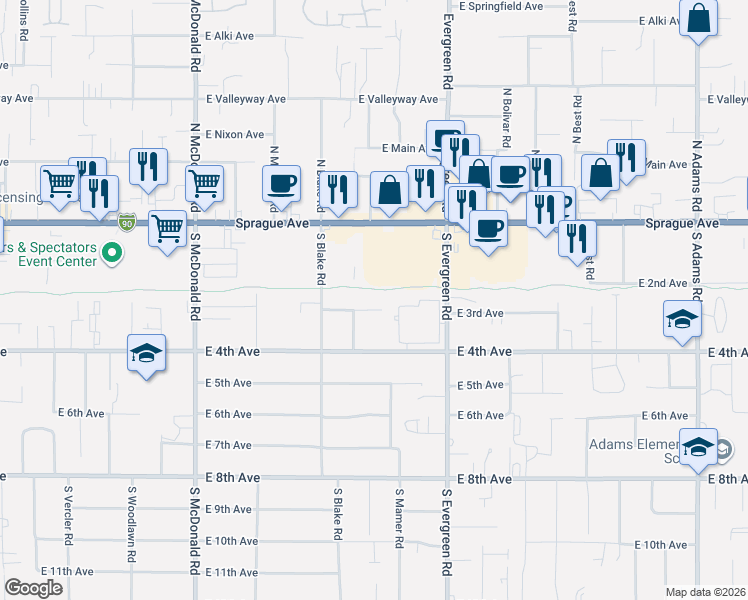 map of restaurants, bars, coffee shops, grocery stores, and more near 13609 East 3rd Avenue in Spokane Valley