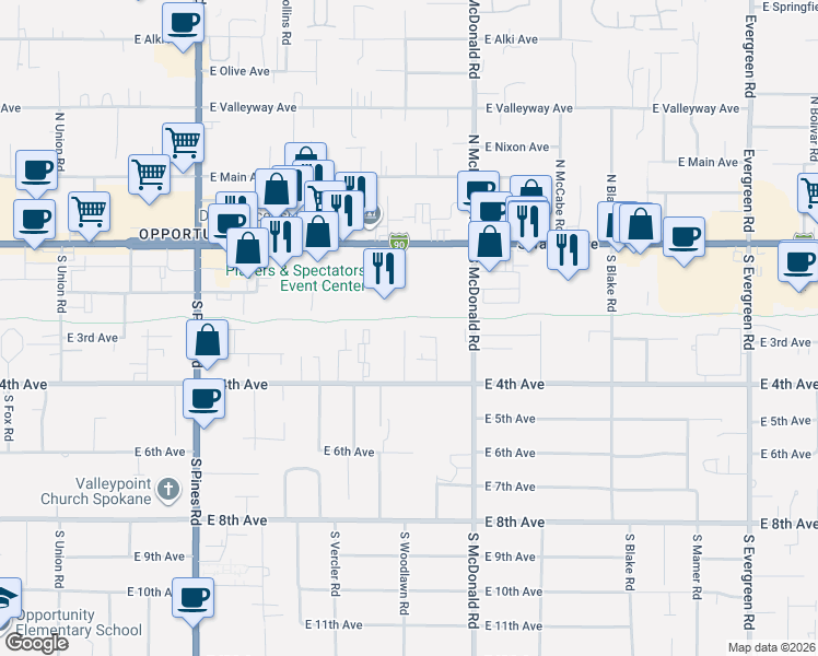 map of restaurants, bars, coffee shops, grocery stores, and more near 12909 East 2nd Lane in Spokane Valley