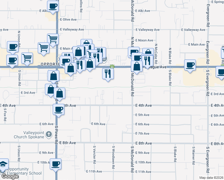 map of restaurants, bars, coffee shops, grocery stores, and more near 12815 East 4th Avenue in Spokane Valley