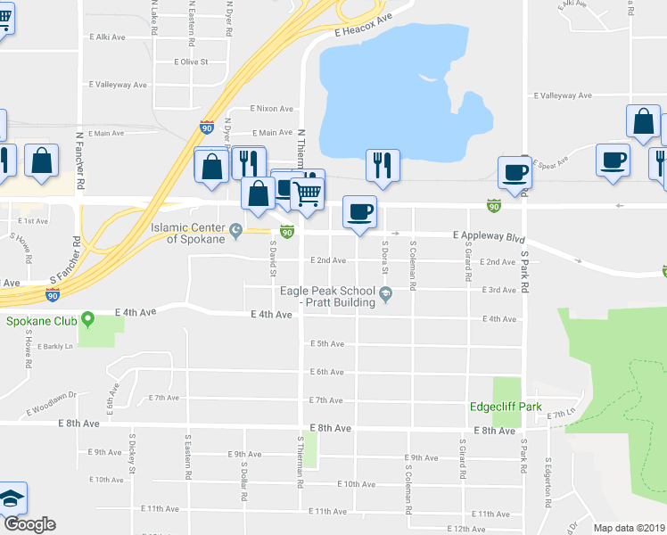 map of restaurants, bars, coffee shops, grocery stores, and more near 206 South Elizabeth Road in Spokane Valley