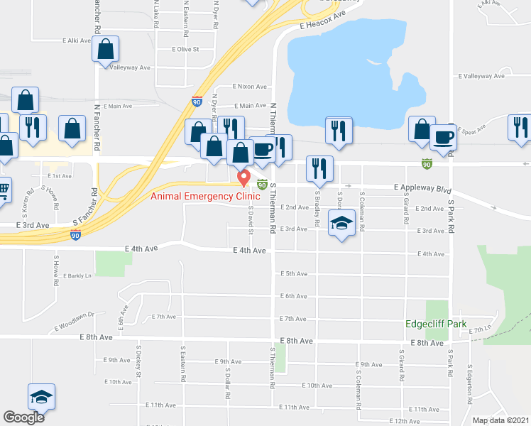 map of restaurants, bars, coffee shops, grocery stores, and more near 6618 East 2nd Avenue in Spokane Valley