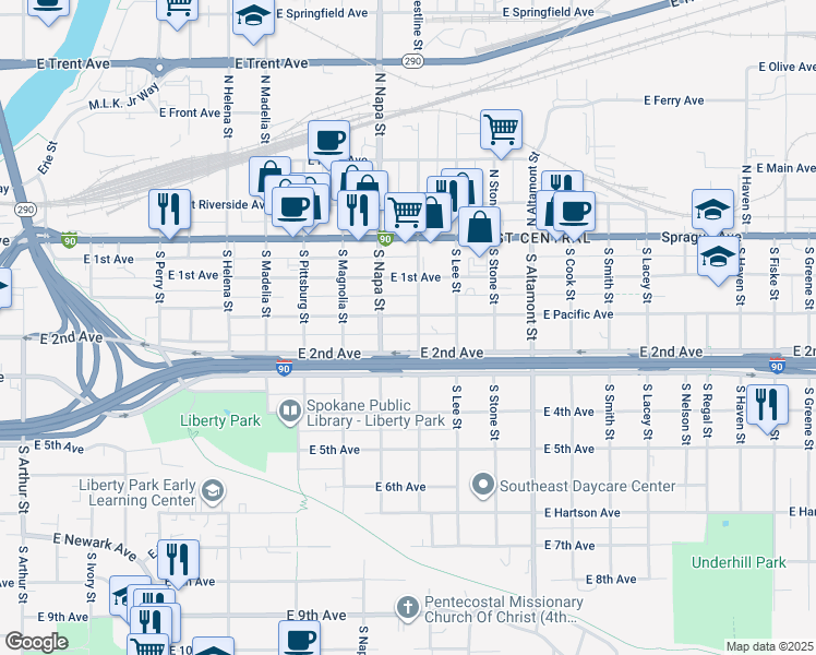 map of restaurants, bars, coffee shops, grocery stores, and more near 2102 East Pacific Avenue in Spokane