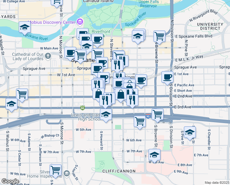 map of restaurants, bars, coffee shops, grocery stores, and more near 410 West 2nd Avenue in Spokane