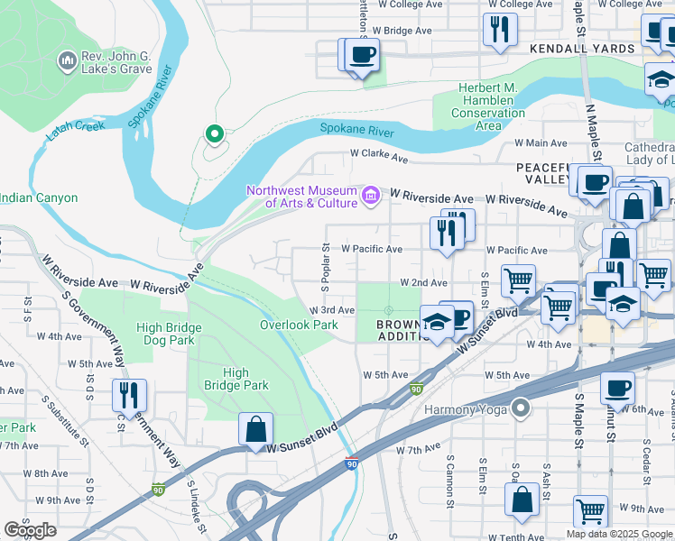 map of restaurants, bars, coffee shops, grocery stores, and more near 2314 West 2nd Avenue in Spokane