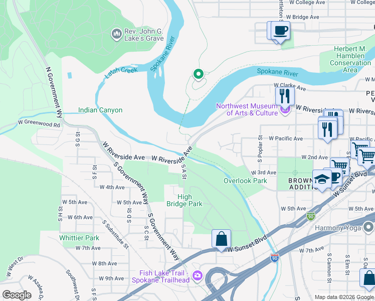 map of restaurants, bars, coffee shops, grocery stores, and more near 136 South A Street in Spokane