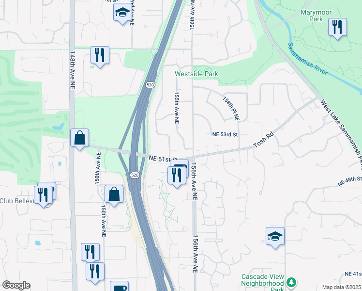 map of restaurants, bars, coffee shops, grocery stores, and more near 15518 Northeast 52nd Street in Redmond