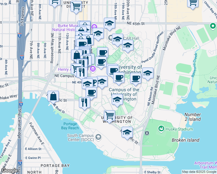 map of restaurants, bars, coffee shops, grocery stores, and more near 1704 Northeast Grant Lane in Seattle