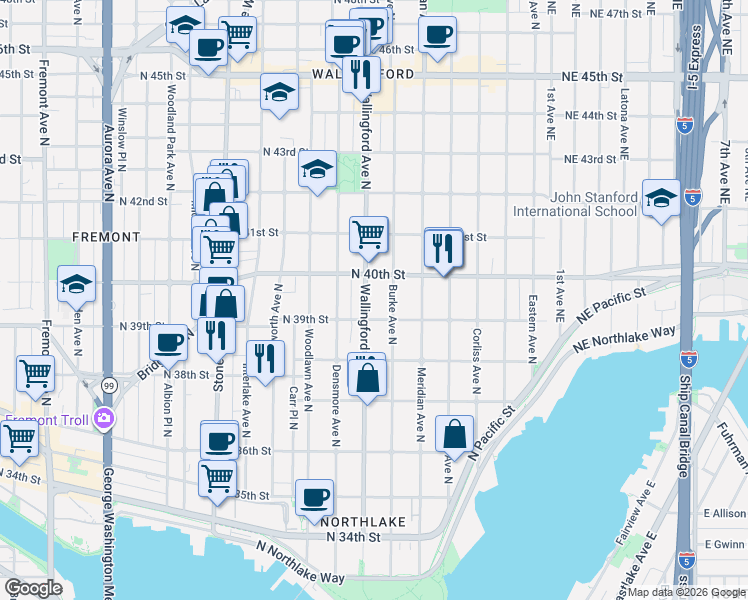 map of restaurants, bars, coffee shops, grocery stores, and more near 3923 Burke Avenue North in Seattle