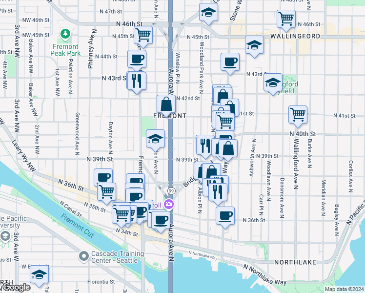 map of restaurants, bars, coffee shops, grocery stores, and more near 3926 Whitman Avenue North in Seattle