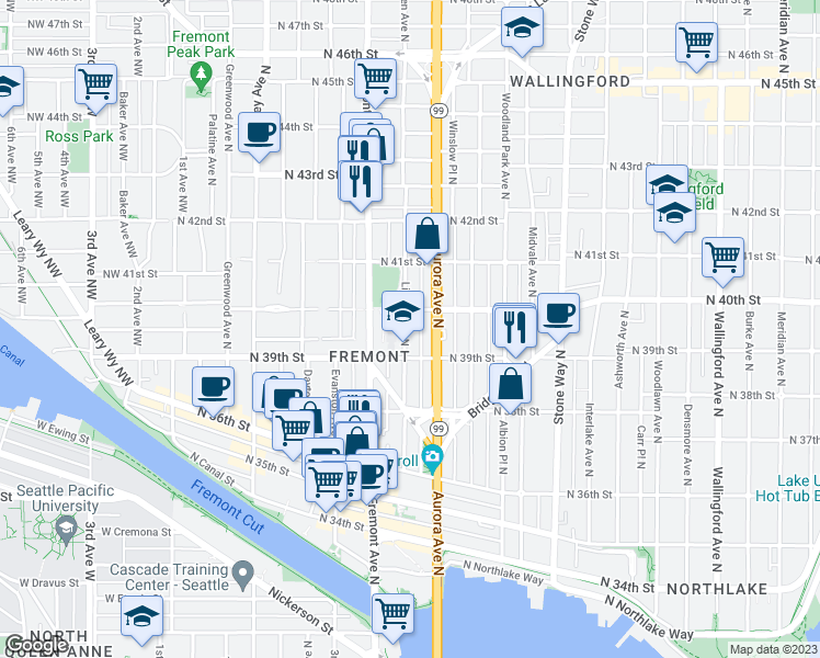 map of restaurants, bars, coffee shops, grocery stores, and more near 3921 Linden Avenue North in Seattle