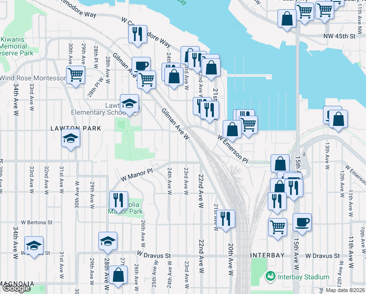 map of restaurants, bars, coffee shops, grocery stores, and more near 3833 23rd Avenue West in Seattle