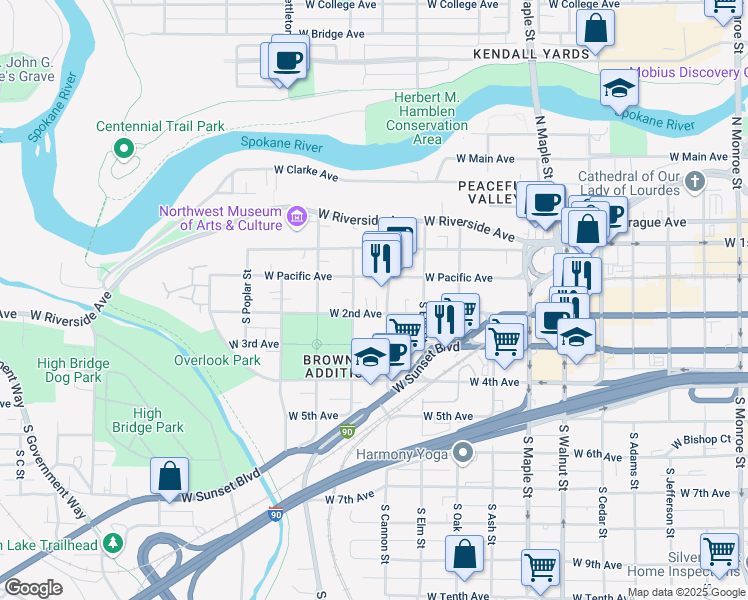 map of restaurants, bars, coffee shops, grocery stores, and more near 2010 West 2nd Avenue in Spokane