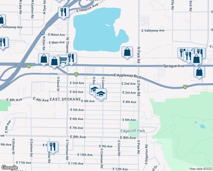 map of restaurants, bars, coffee shops, grocery stores, and more near 7108 East 2nd Avenue in Spokane Valley