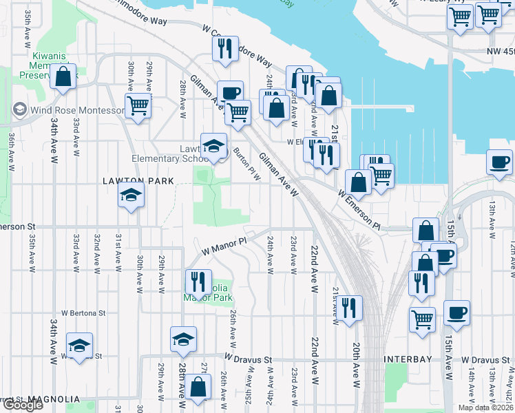 map of restaurants, bars, coffee shops, grocery stores, and more near 3829 24th Avenue West in Seattle