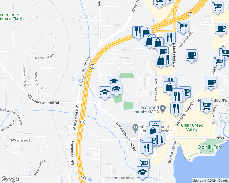 map of restaurants, bars, coffee shops, grocery stores, and more near 10130 Frontier Place Northwest in Silverdale