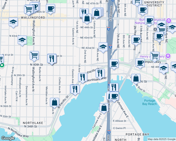 map of restaurants, bars, coffee shops, grocery stores, and more near 3900 2nd Avenue Northeast in Seattle