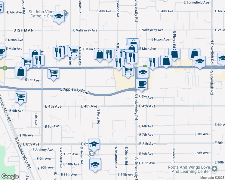 map of restaurants, bars, coffee shops, grocery stores, and more near 10319 Appleway Boulevard in Spokane