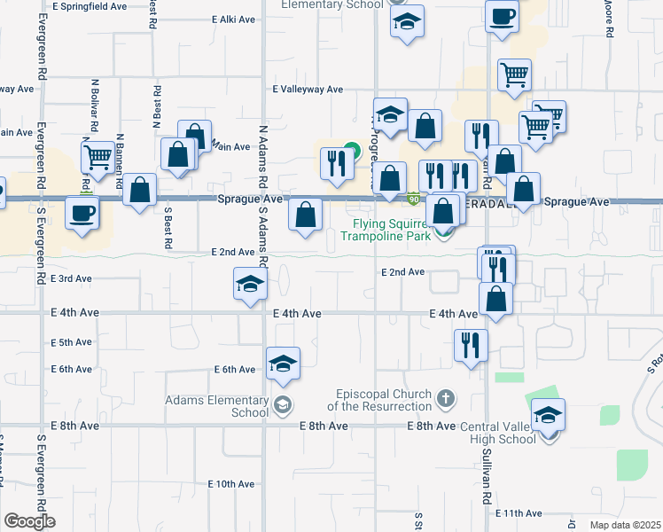 map of restaurants, bars, coffee shops, grocery stores, and more near 14913 East 2nd Avenue in Spokane Valley