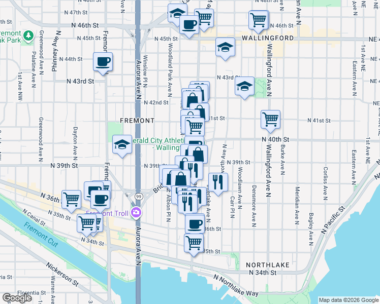 map of restaurants, bars, coffee shops, grocery stores, and more near 3919 Stone Way North in Seattle