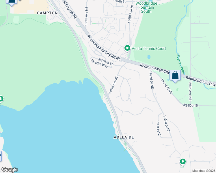 map of restaurants, bars, coffee shops, grocery stores, and more near 18635 Northeast 53rd Street in Redmond