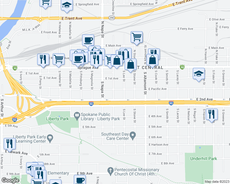map of restaurants, bars, coffee shops, grocery stores, and more near 2102 East Pacific Avenue in Spokane