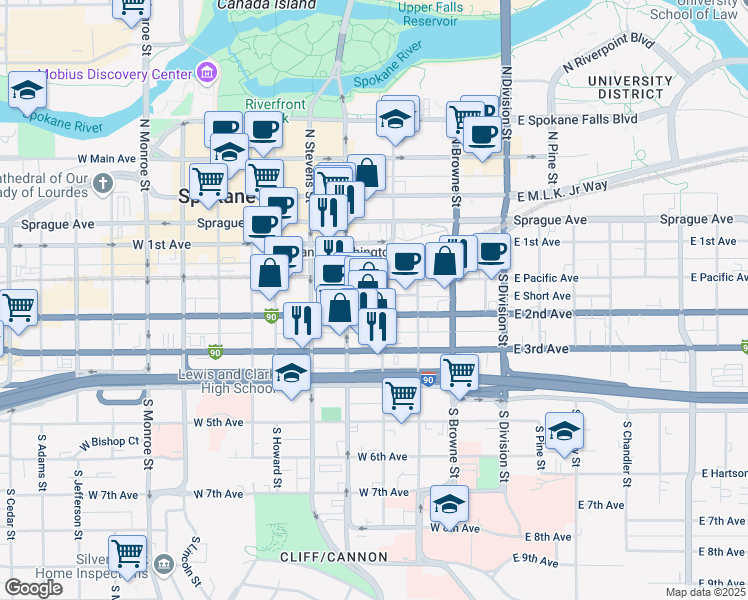 map of restaurants, bars, coffee shops, grocery stores, and more near 303 West Pacific Avenue in Spokane