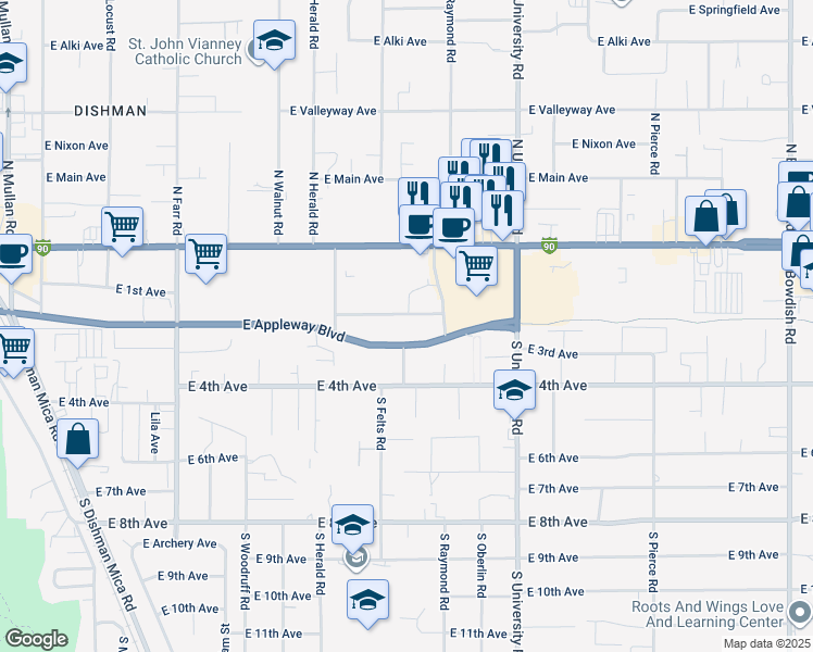 map of restaurants, bars, coffee shops, grocery stores, and more near 10319 Appleway Blvd in Spokane